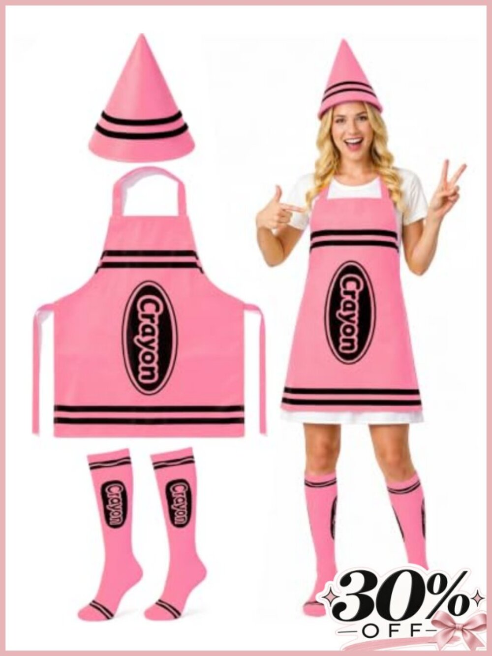 Crayon Costume Adult 3PC Apron Cone Hat Over Knee Socks Halloween Set